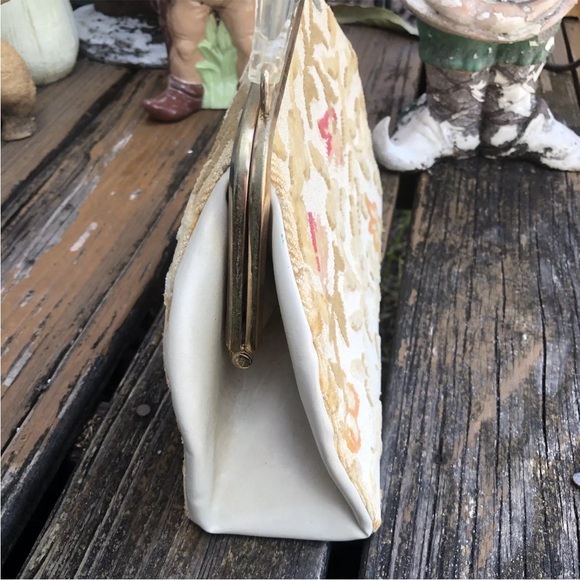 Floral Tapestry Burned Velvet Carpet Bag Purse Lucite Vintage Pink Green 50s 60s - Picture 3 of 10